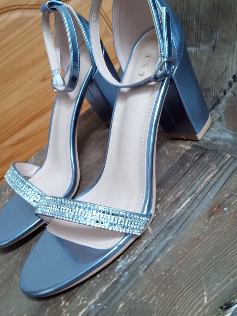 Allegra K Women's Size 7 Rhinestone Ankle Strap Chunky Sandals NEW!
